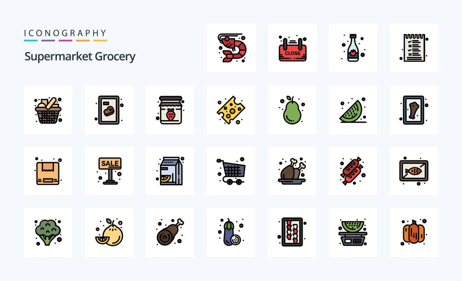 paquete de iconos de estilo lleno de línea de 25 supermercados vector
