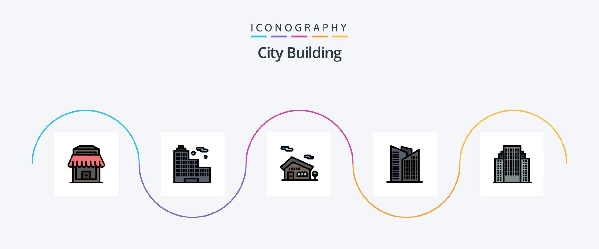 la línea de construcción de la ciudad llenó el paquete de iconos planos 5 que incluye. compañía. casa. edificio. DIRECCIÓN vector