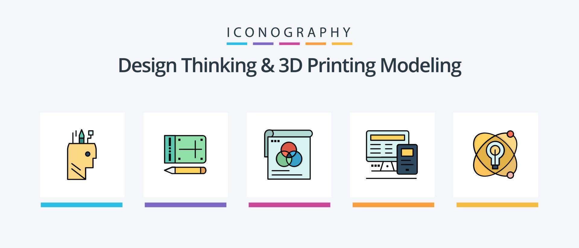 El pensamiento de diseño y la línea de modelado de impresión D llenaron un paquete de 5 íconos que incluye una imagen. calcular móvil. educación. computadora. diseño de iconos creativos vector