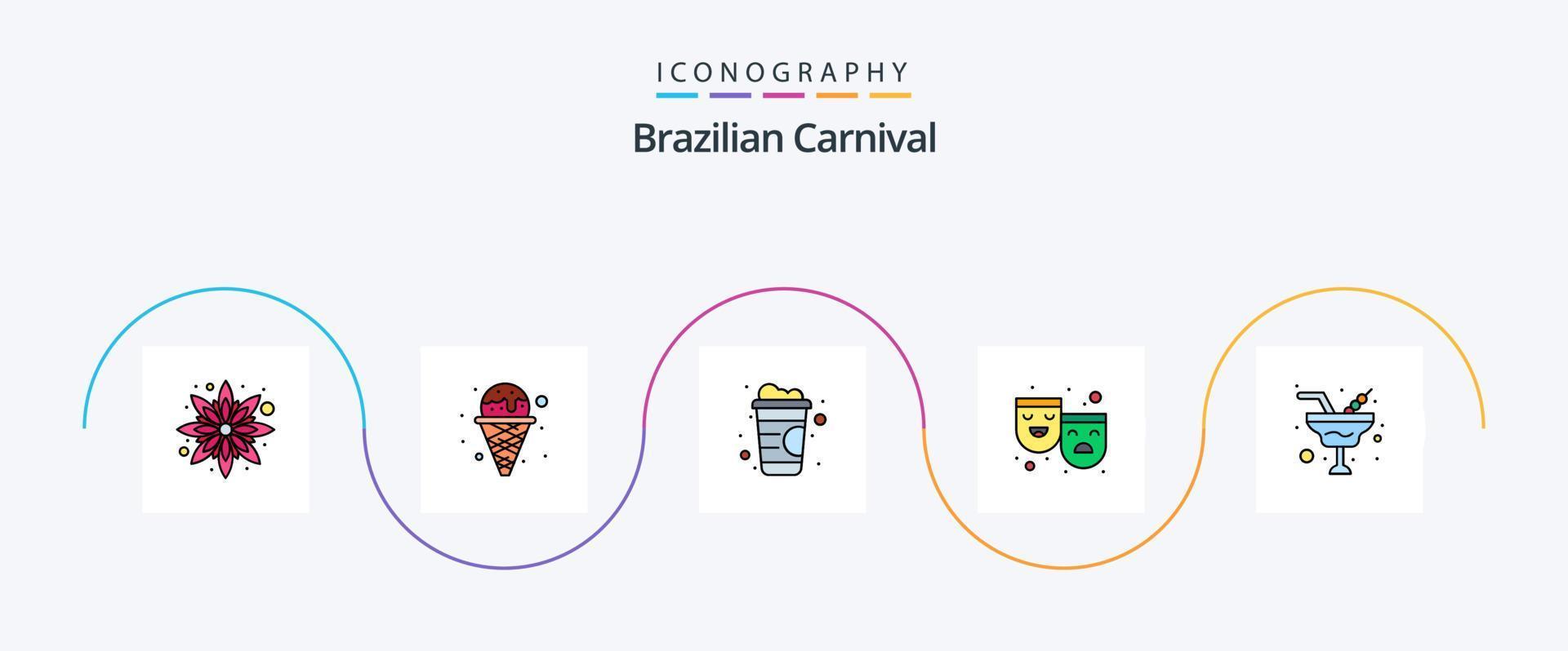 la línea del carnaval brasileño llenó el paquete de iconos flat 5 que incluye vidrio. romance. línea. champán teatro vector