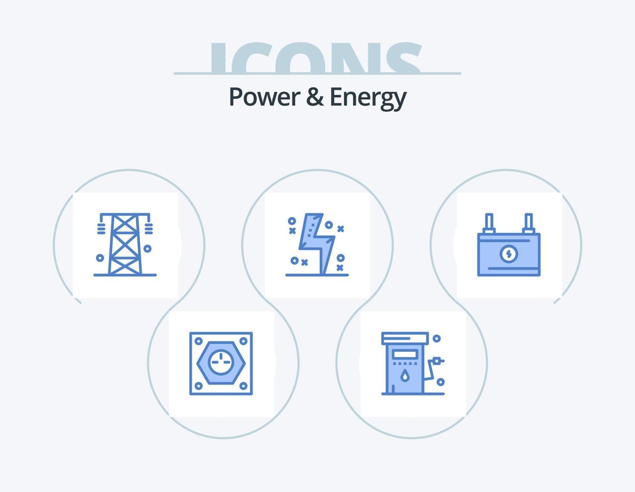 paquete de iconos azul de energía y energía 5 diseño de iconos. electricidad. batería. fuerza. torre. línea vector