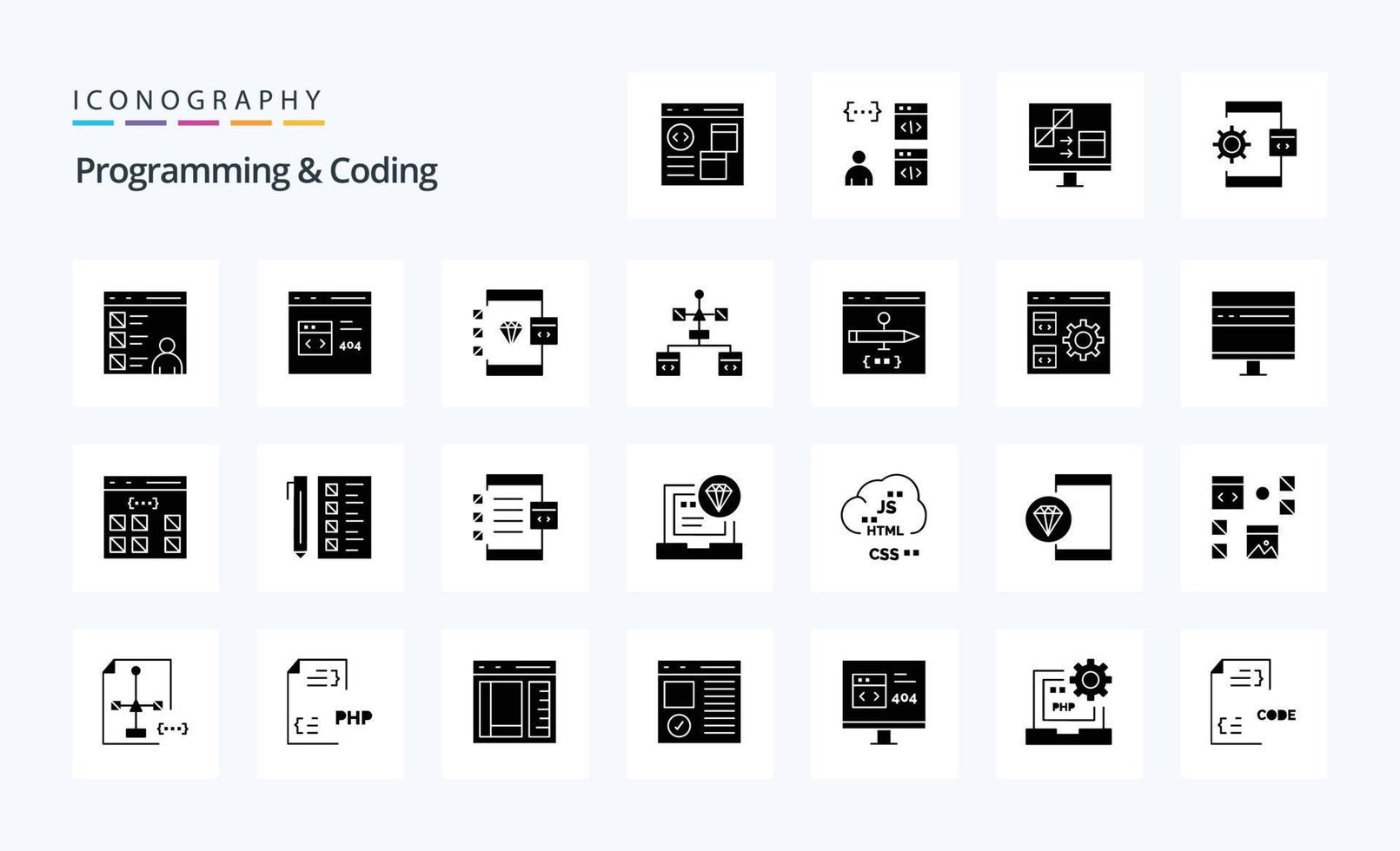25 Programming And Coding Solid Glyph icon pack vector