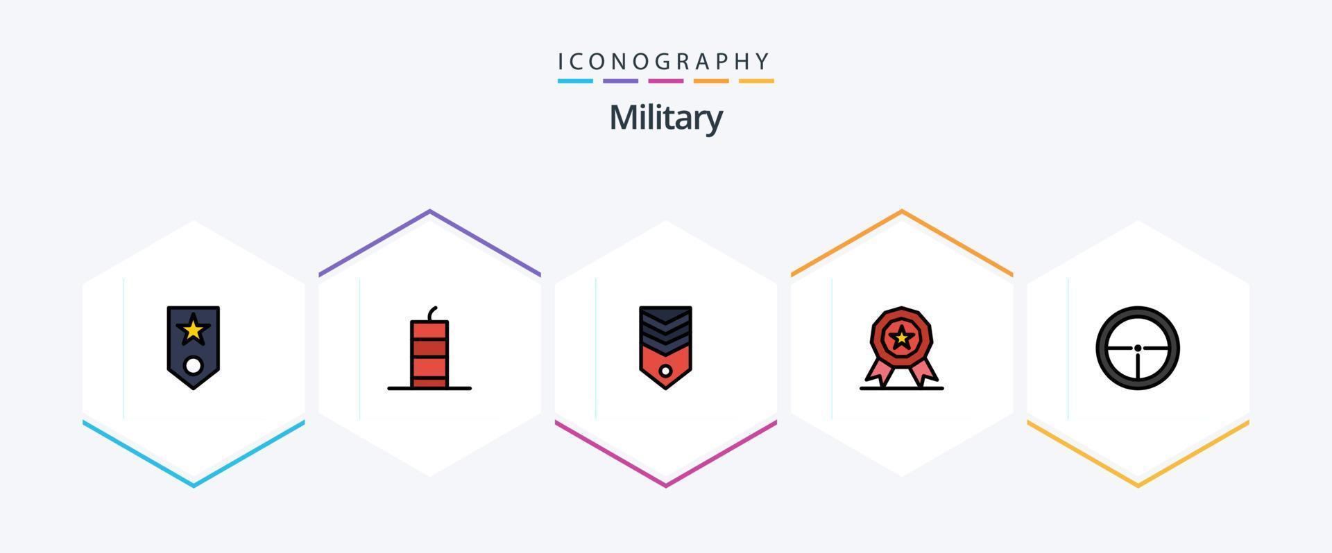 Military 25 FilledLine icon pack including reward. award. military bomb. tag. rank vector