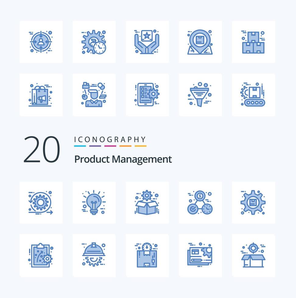 20 Product Management Blue Color icon Pack like perfection money technology clock package vector