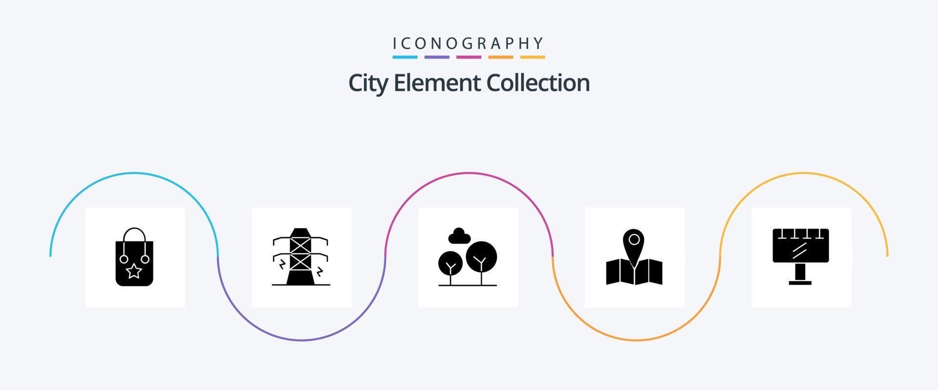 paquete de iconos de glifo 5 de la colección de elementos de la ciudad que incluye el viaje. ubicación . fuerza . árbol de hoja perenne vector