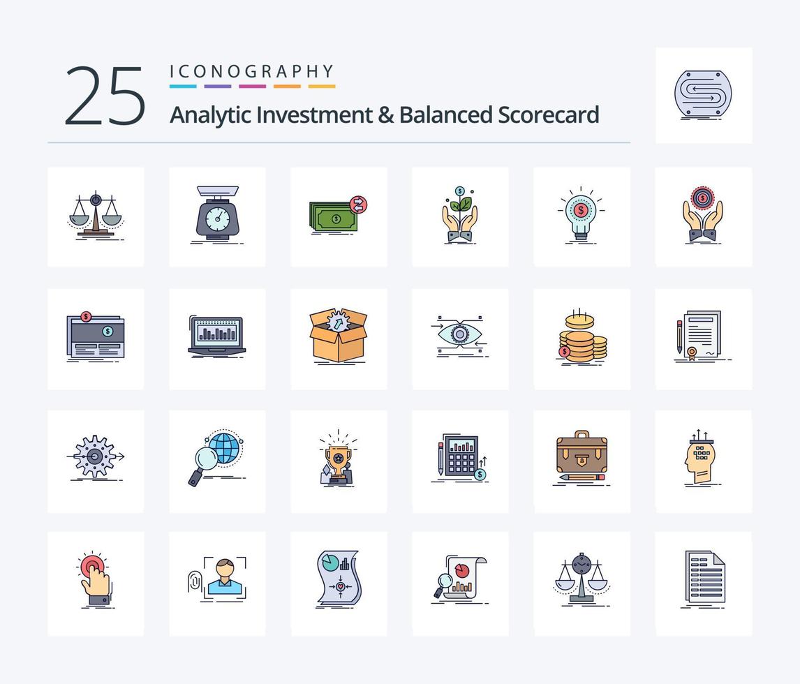 Analytic Investment And Balanced Scorecard 25 Line Filled icon pack including growth. business. scales. money. dollars vector