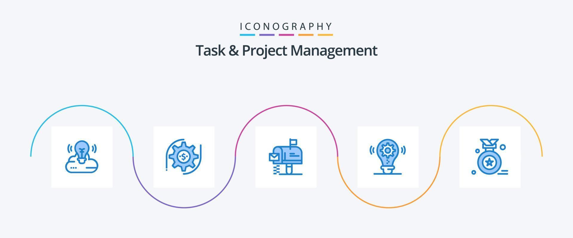paquete de iconos azul 5 de gestión de tareas y proyectos que incluye una insignia de premio. configuración. caja. engranaje. bulbo vector