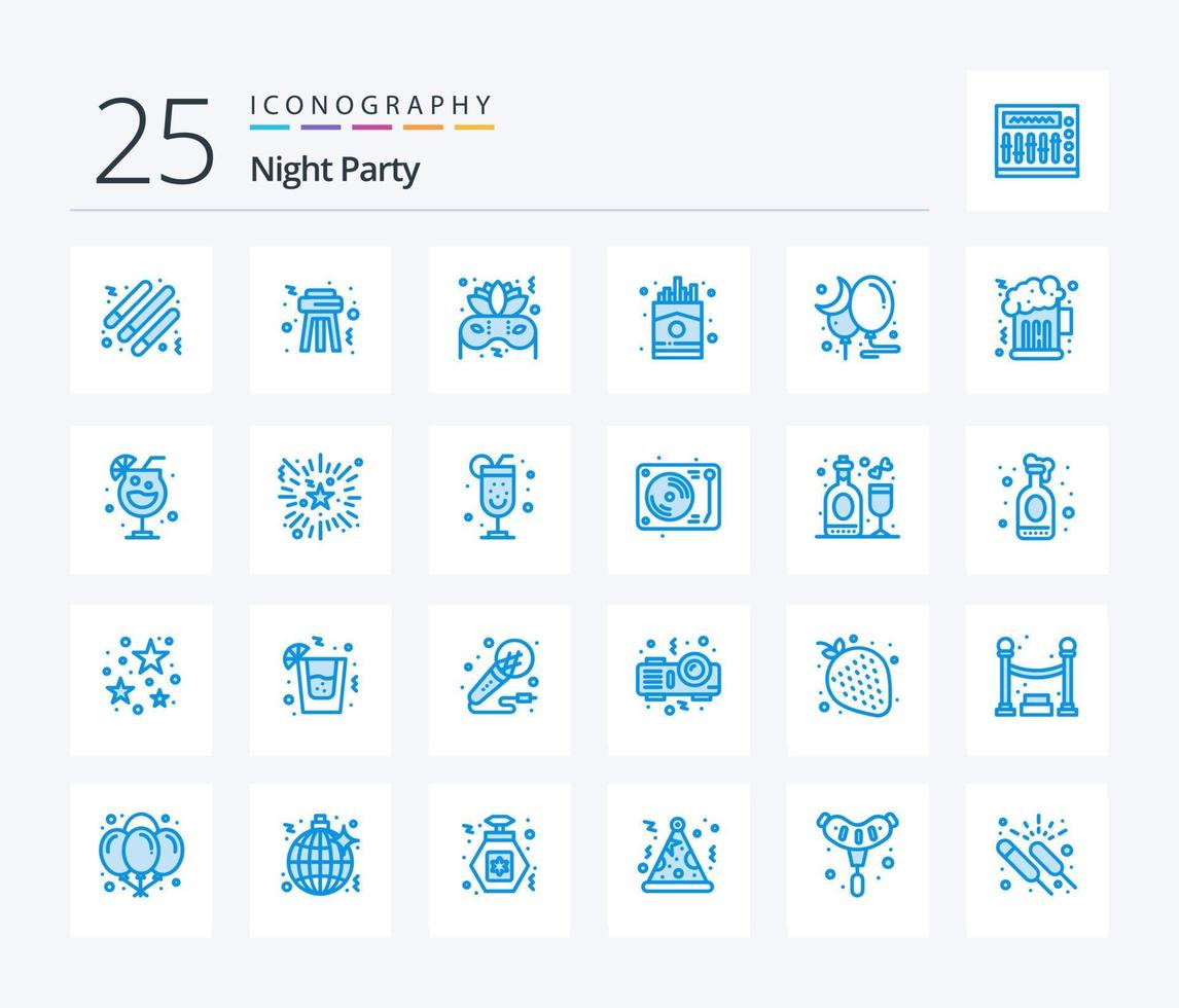 fiesta nocturna 25 paquete de iconos de color azul que incluye fiesta. luna. noche. globo. alimento vector