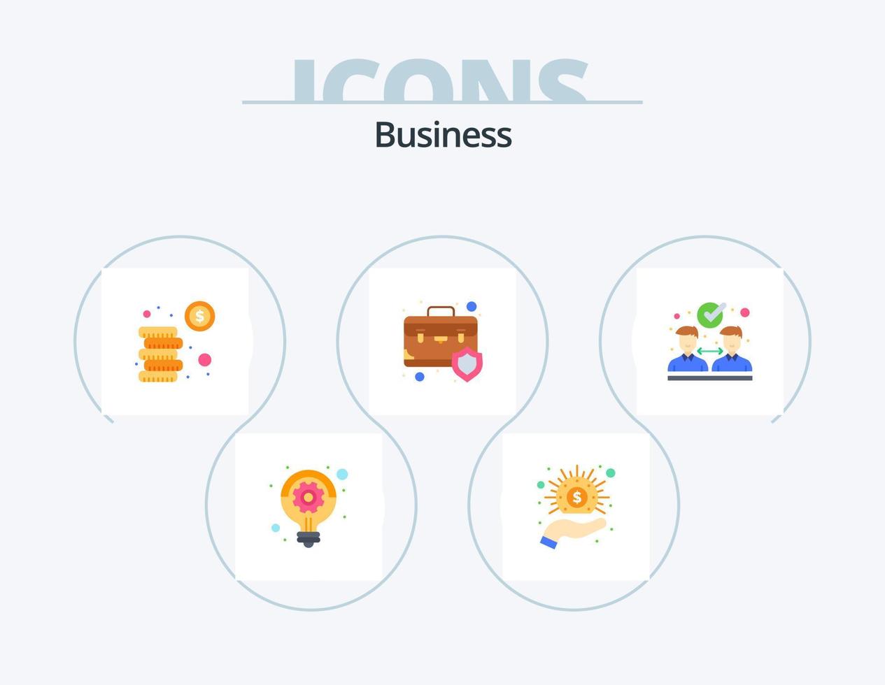 paquete de iconos planos de negocios 5 diseño de iconos. acuerdo. seguro. dinero en efectivo. caso. bolsa vector