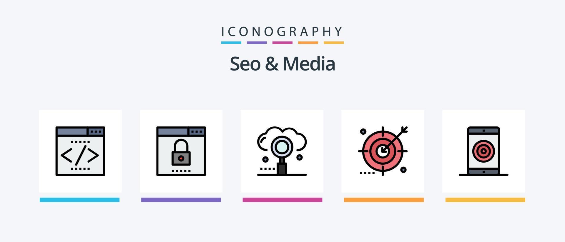 Seo and Media Line Filled 5 Icon Pack Including engine. multimedia. engine. media. search. Creative Icons Design vector