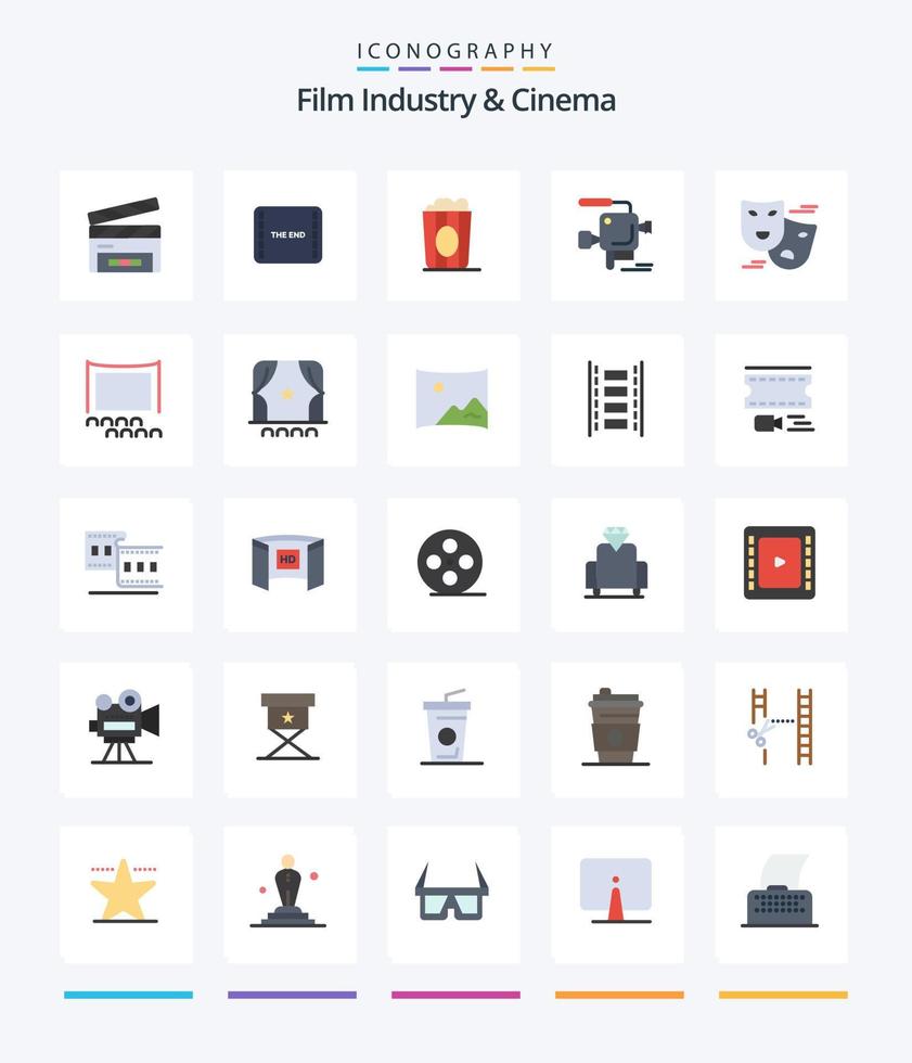 Creative cenima 25 paquete de iconos planos como la comedia. cámara filmográfica. cine. película. cámara vector