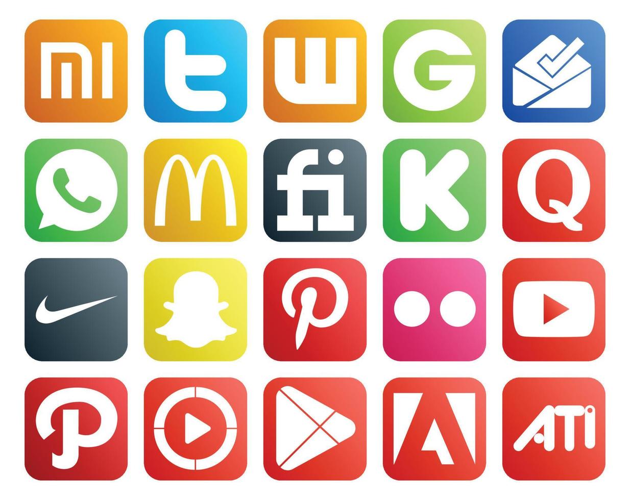 Paquete de 20 íconos de redes sociales que incluye video flickr fiverr pinterest nike vector