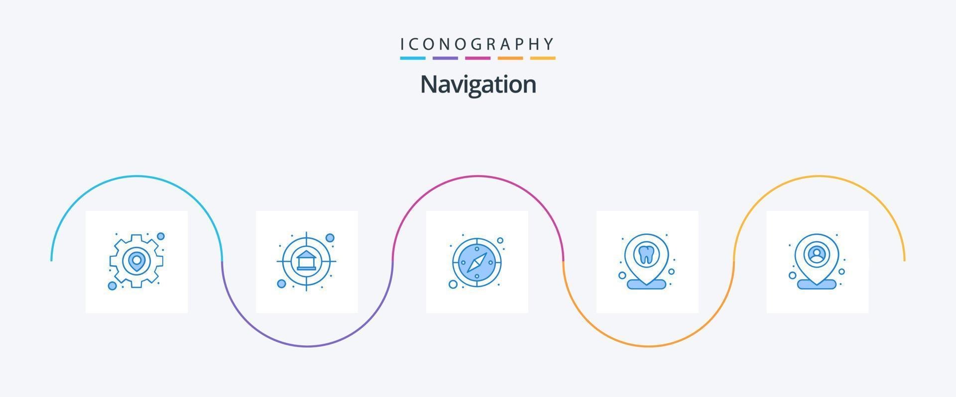 Navigation Blue 5 Icon Pack Including map. user. compass. dentist location. dental location vector