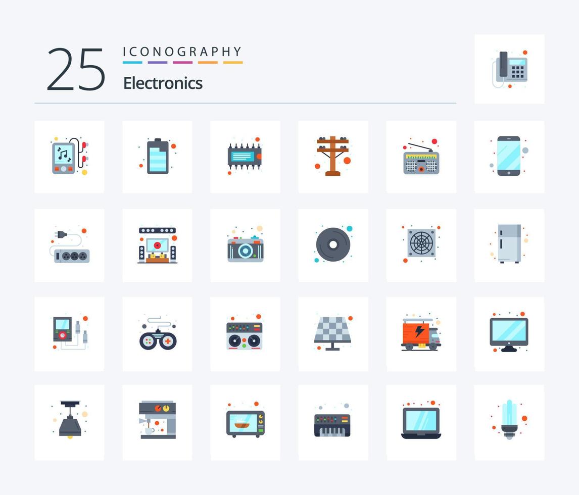 paquete de iconos de 25 colores planos de electrónica que incluye móvil. radio. electrónico. medios de comunicación. fuerza vector