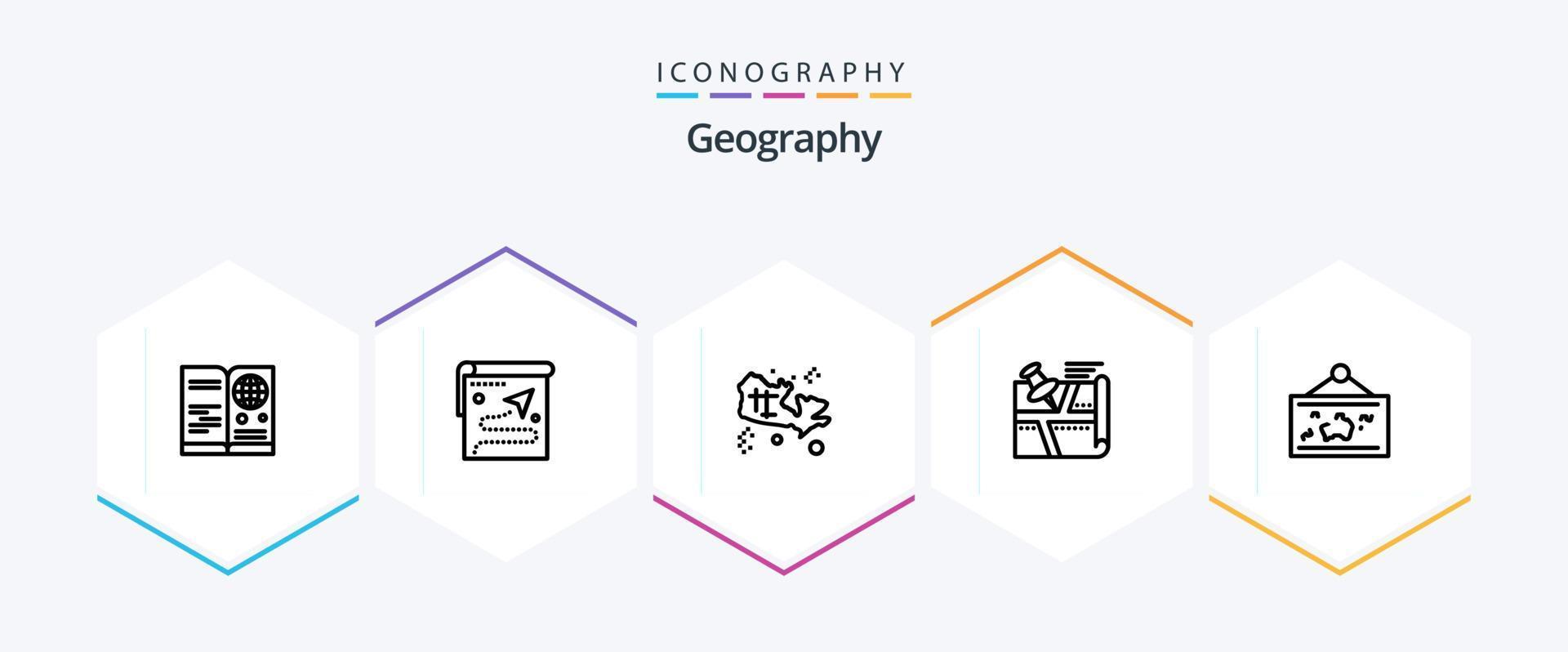 paquete de iconos de 25 líneas de geografía que incluye pin. ruta. destino. ubicación. tesoro vector