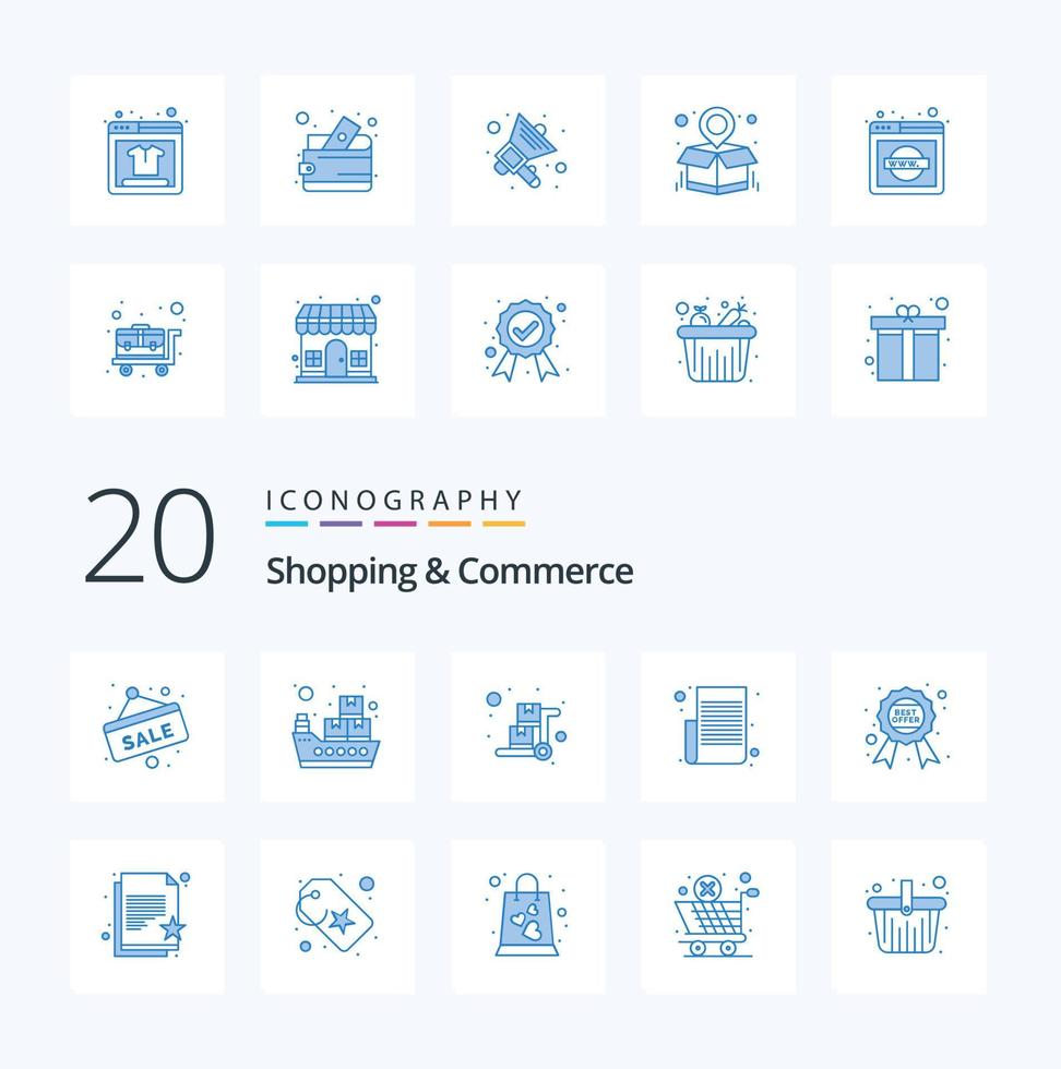 20 Shopping And Commerce Blue Color icon Pack like award text list handcart shopping list item list vector