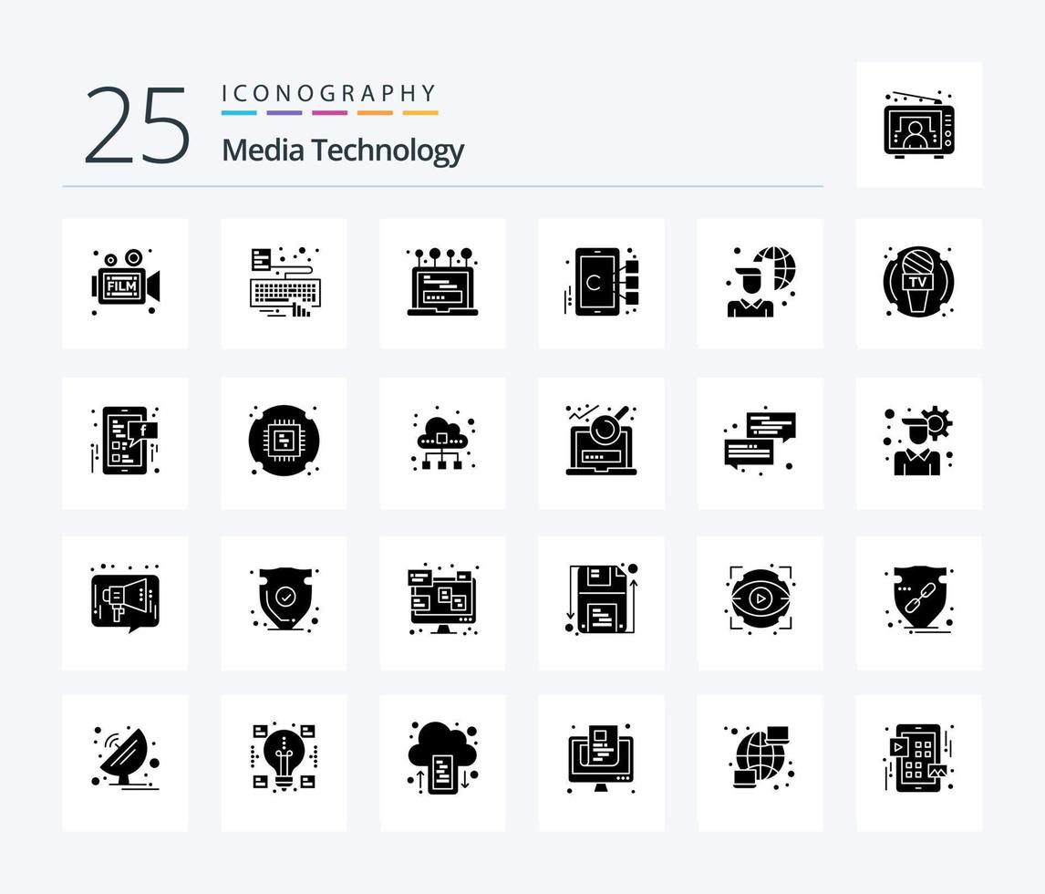 Media Technology 25 Solid Glyph icon pack including internet. mobile. attach. focus. computer vector
