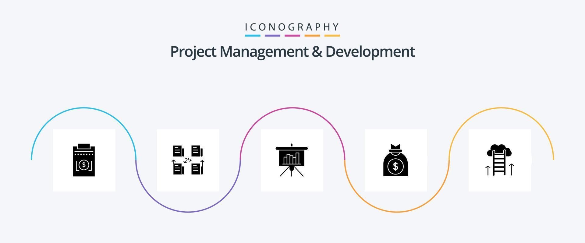 Project Management And Development Glyph 5 Icon Pack Including career path. venture. privacy. money. report vector