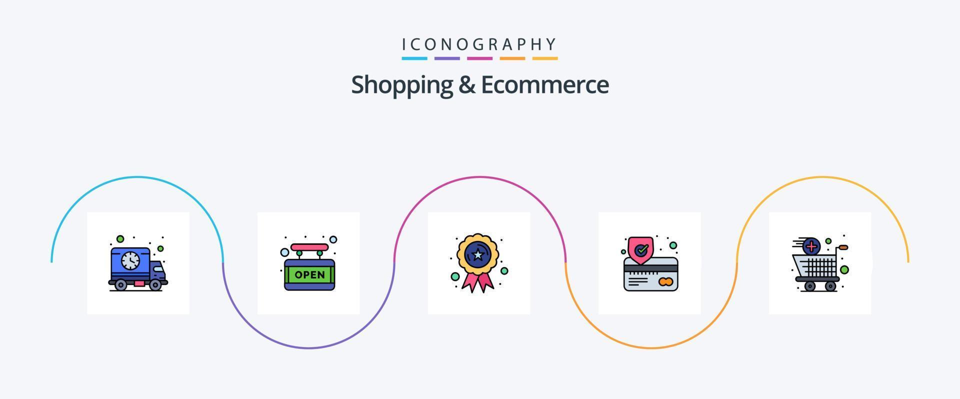 la línea de compras y comercio electrónico llenó el paquete de iconos planos 5 que incluye agregar. proteccion. cinta. seguro. tarjeta vector