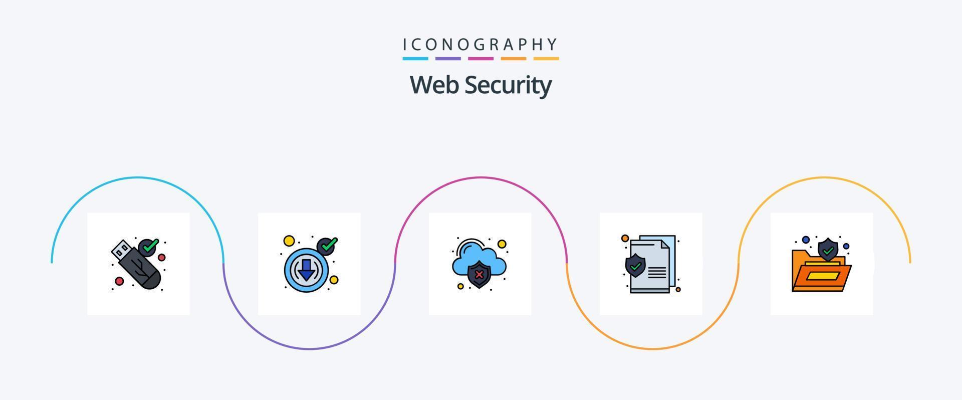 la línea de seguridad web llenó el paquete de iconos planos 5 que incluye el candado. texto. nube. seguridad. virus vector