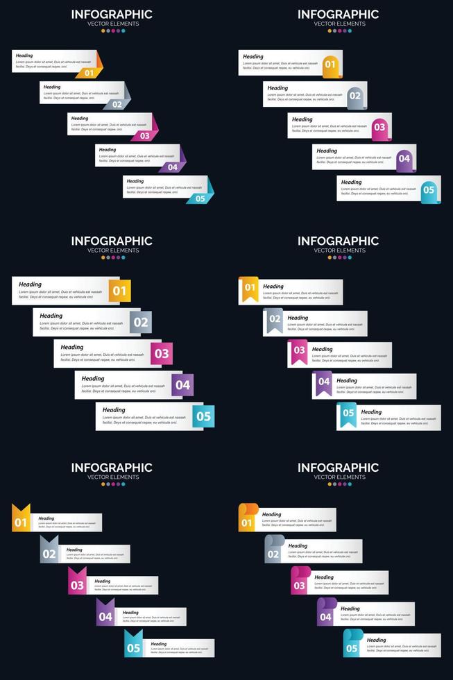 plantilla de diapositiva de presentación del paquete de infografías vectoriales 6 diagramas de ciclo de 5 pasos y líneas de tiempo vector