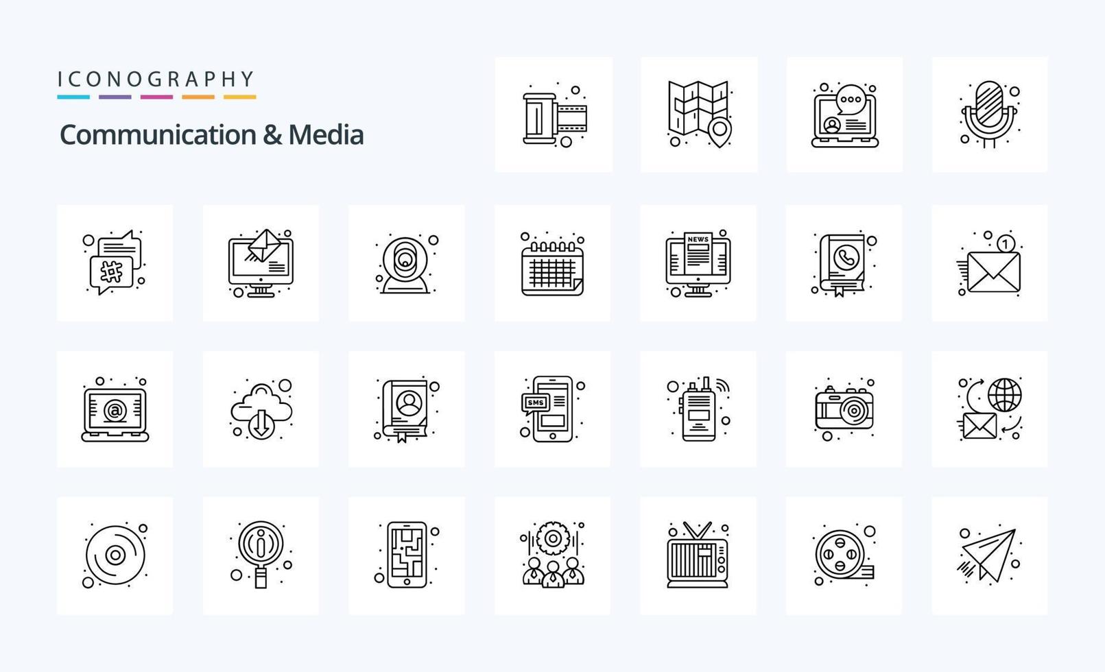 paquete de iconos de 25 líneas de comunicación y medios vector