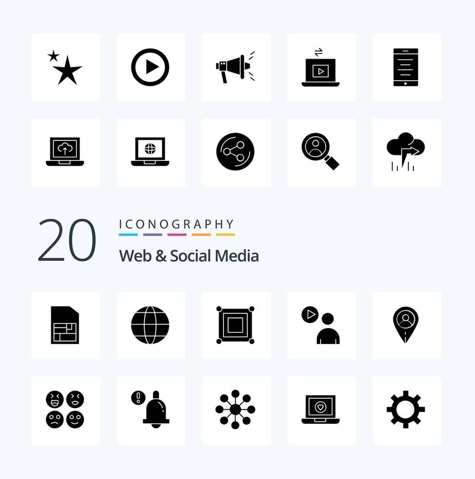 Paquete de 20 iconos de glifos sólidos web y redes sociales como cuadro de usuario de reproducción de reloj vector