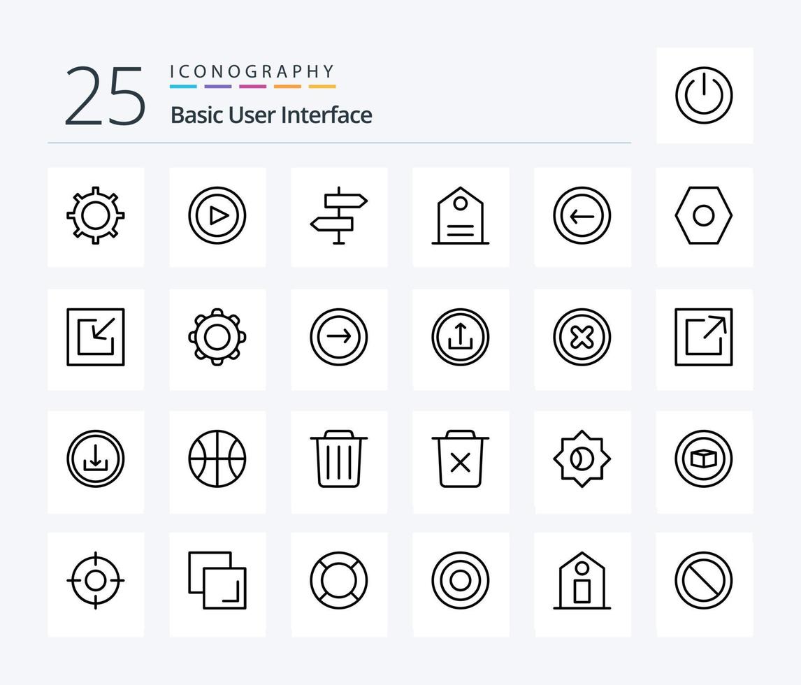 Basic 25 Line icon pack including back. tagline. arrow. tag. signs vector