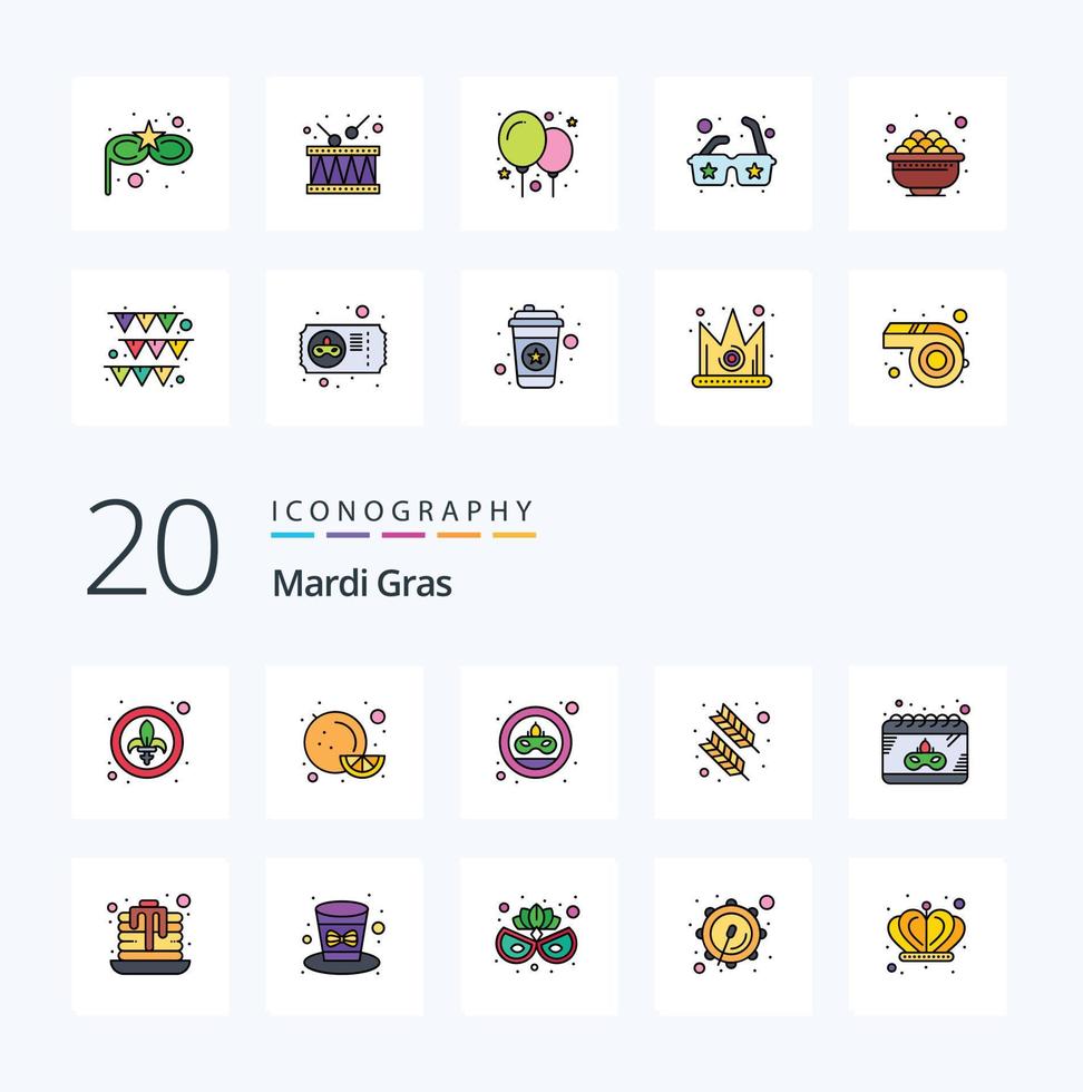 20 Mardi Gras Line Filled Color icon Pack like mask calendar coin quinn feather calligraphy vector