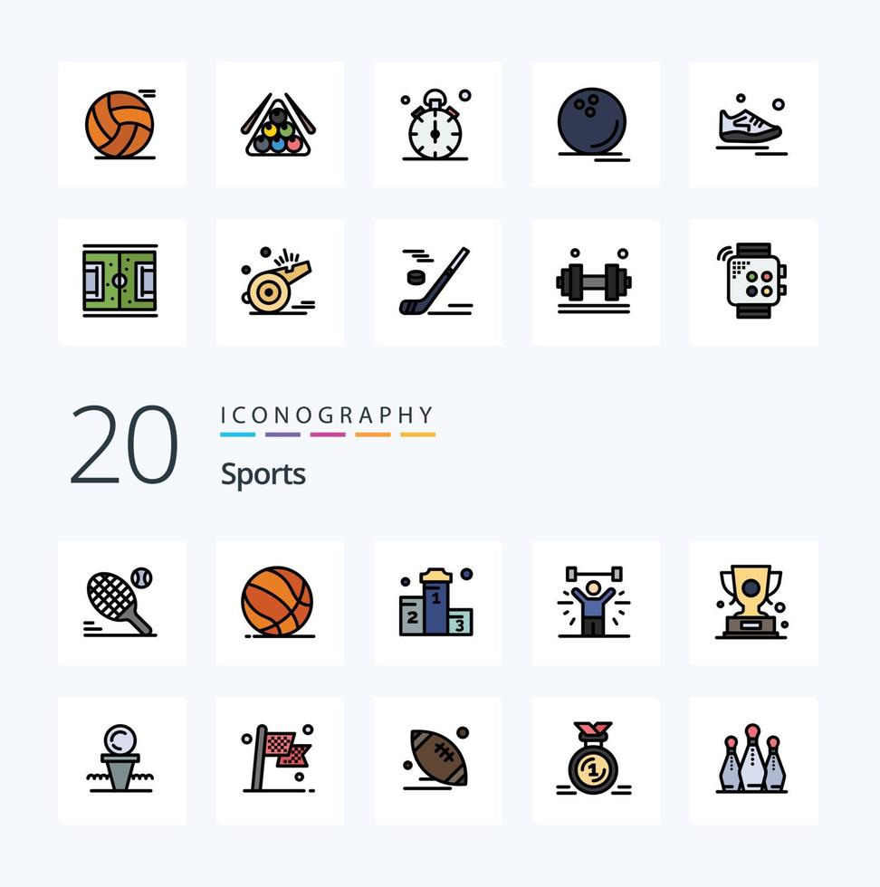 paquete de iconos de color lleno de línea de 20 deportes como ejercicio de peso baloncesto culturismo ganó vector