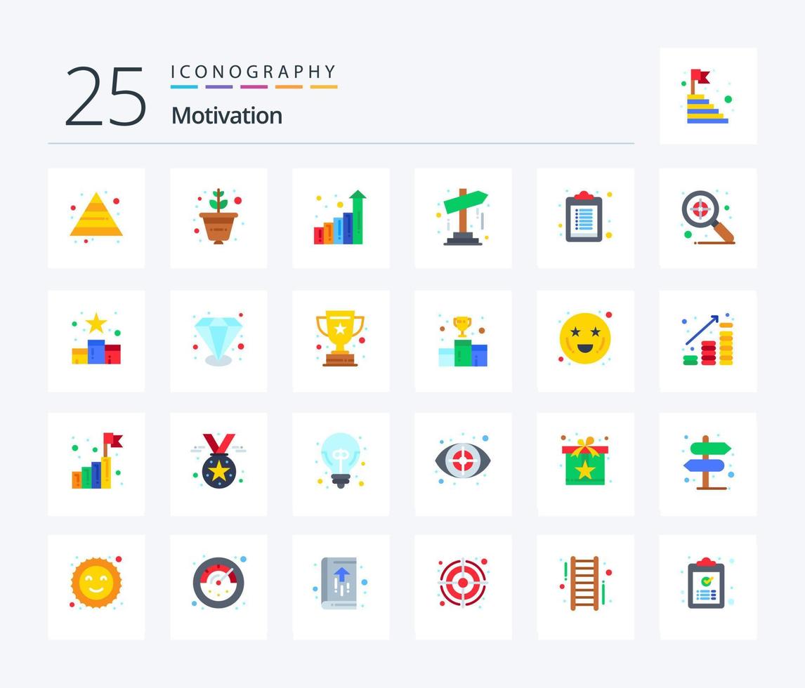 Motivation 25 Flat Color icon pack including search. list. statistics. clipboard. startup vector