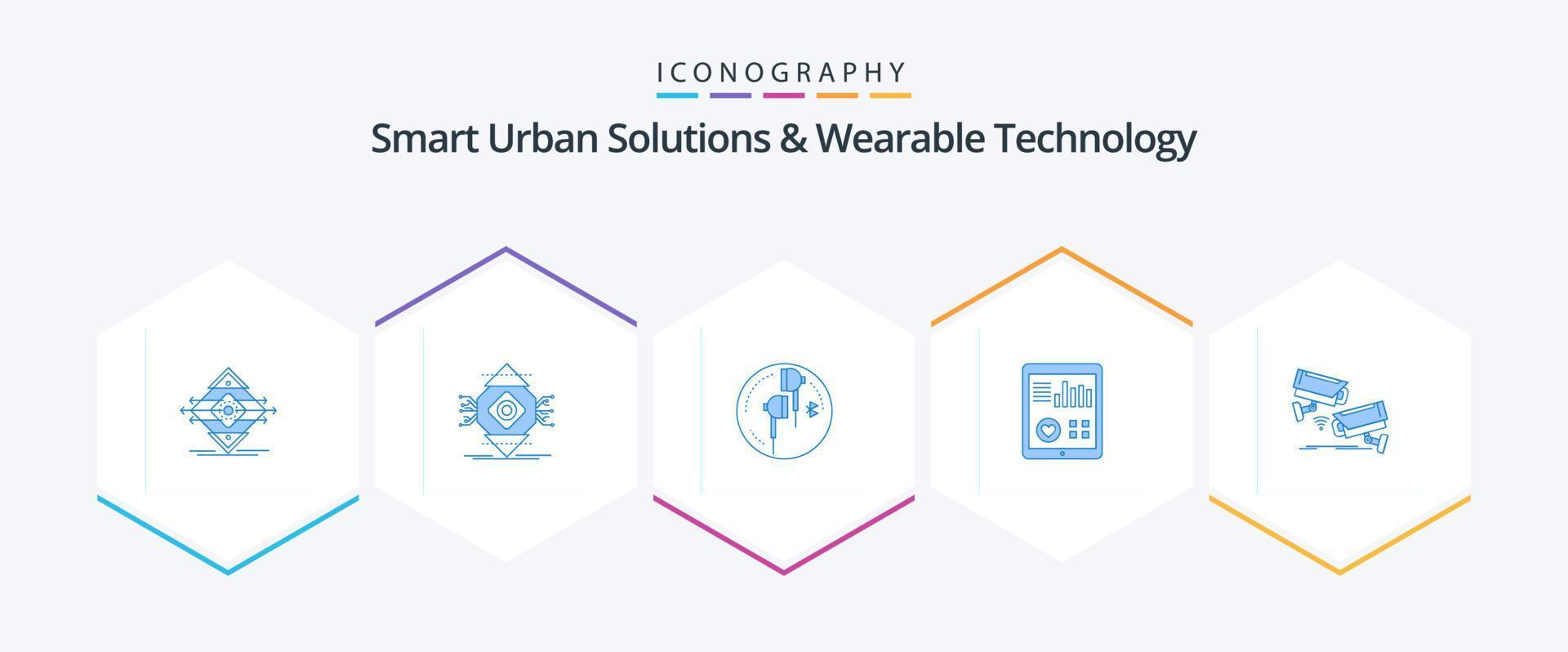 Smart Urban Solutions And Wearable Technology 25 Blue icon pack including heart. monitoring. computer. music. phone vector
