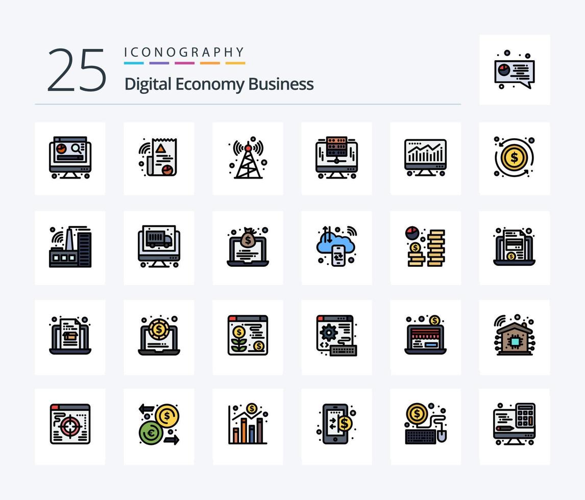 Digital Economy Business 25 Line Filled icon pack including dollar. economy. tower. chart. server vector