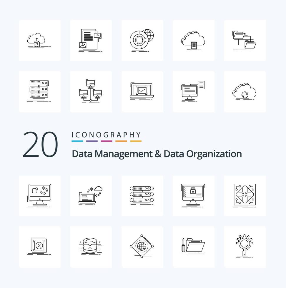 20 Data Management And Data Organization Line icon Pack like safe secure dashboard data rack vector