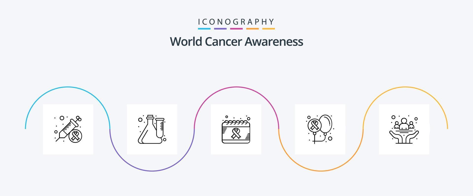 paquete de iconos de la línea 5 de concientización sobre el cáncer mundial, incluida la salud. cáncer. laboratorio. globos salud vector