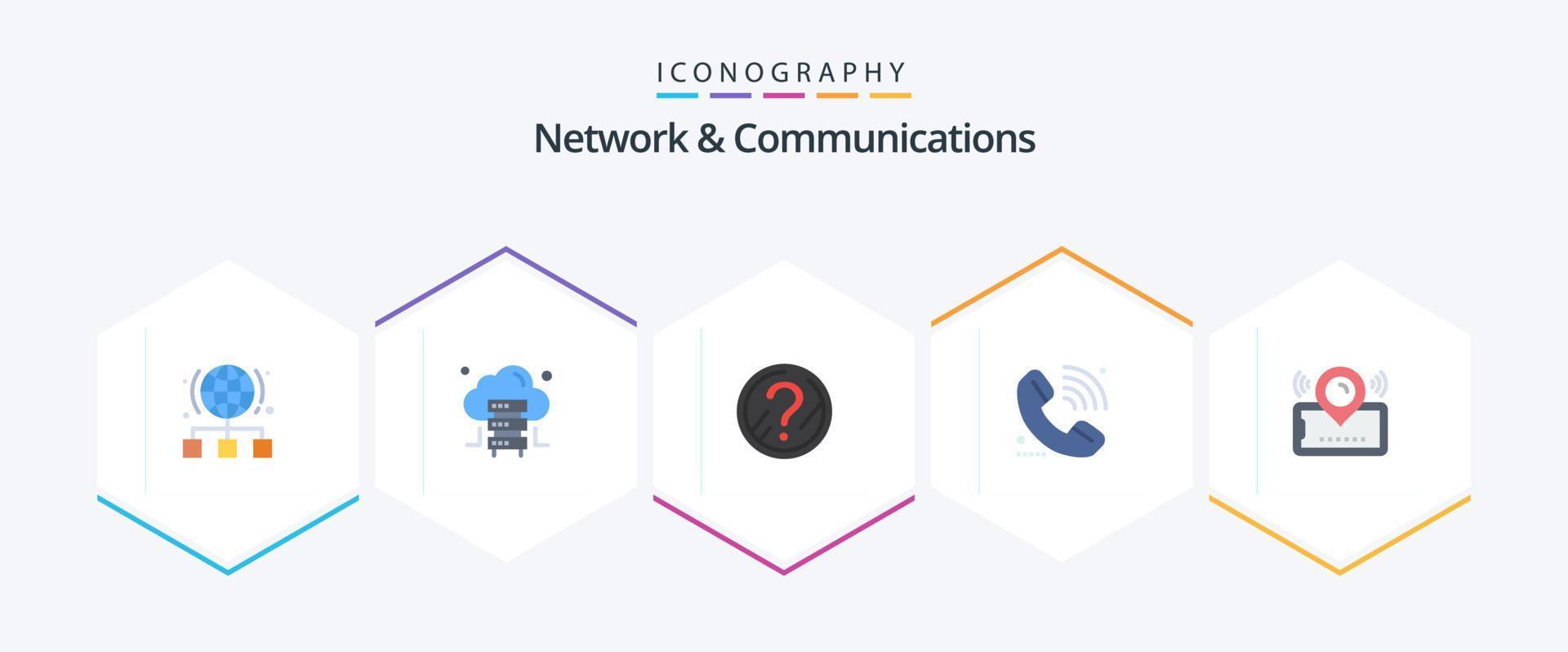 Network And Communications 25 Flat icon pack including map. signal. question. elearning. call vector