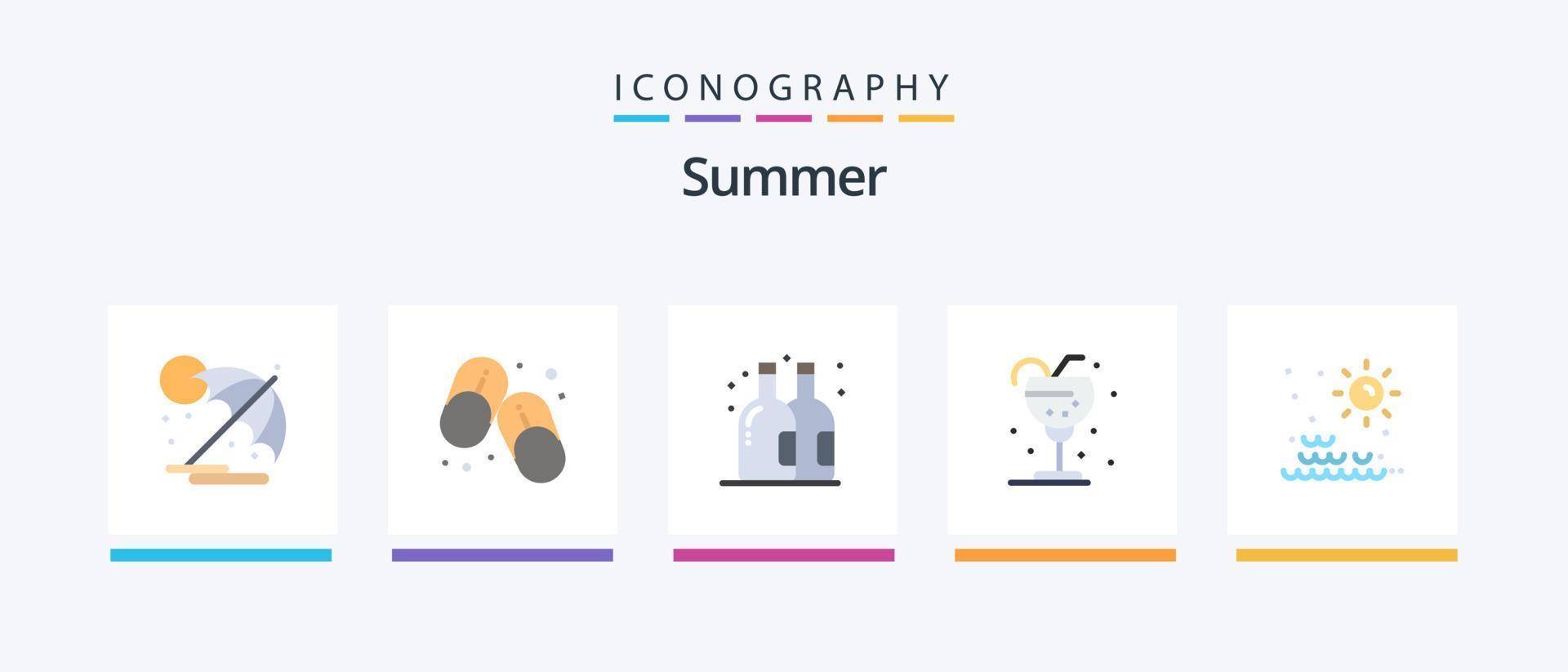 paquete de iconos de 5 pisos de verano que incluye sol. paja. cerveza. hielo. beber. diseño de iconos creativos vector