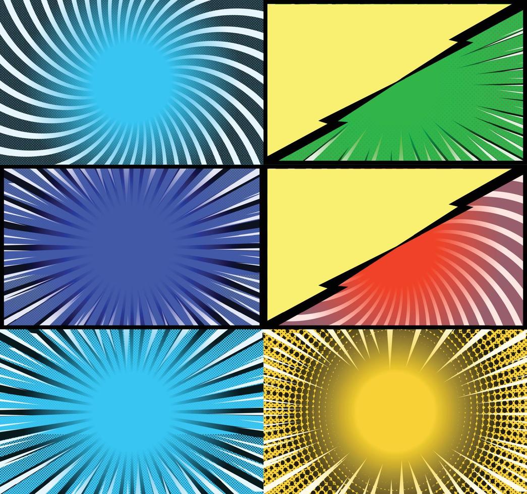 Comic book colorful frames background with halftone rays radial and dotted effects pop art style vector