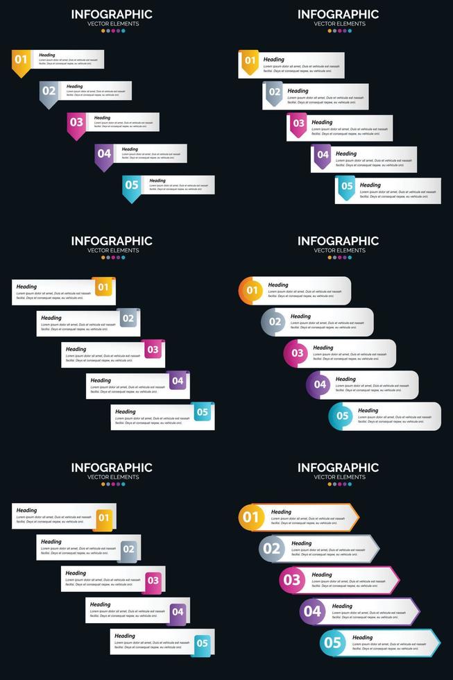 plantilla de diapositiva de presentación del paquete de infografías vectoriales 6 diagramas de ciclo de 5 pasos y líneas de tiempo vector