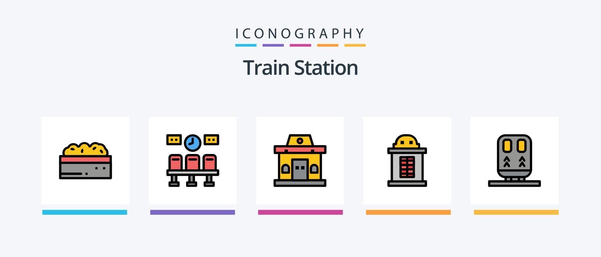 la línea de la estación de tren llenó el paquete de 5 iconos, incluido el tren. puerta. arbusto. transporte. subterraneo. diseño de iconos creativos vector