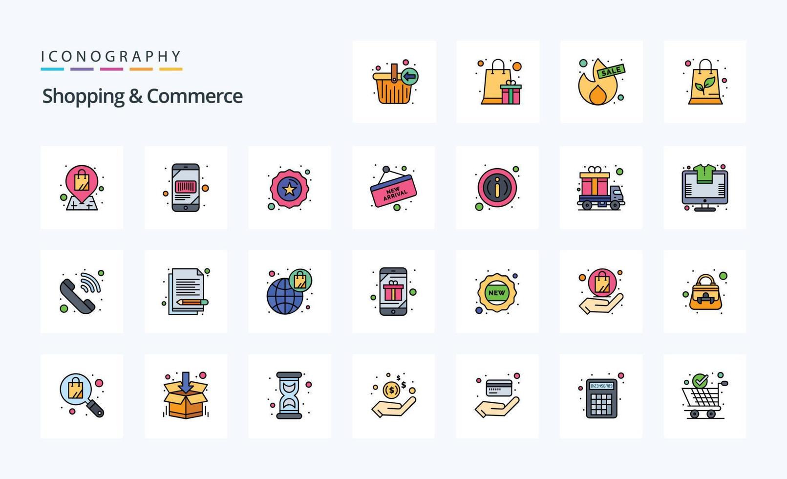 paquete de iconos de estilo lleno de línea de compras y comercio de 25 vector