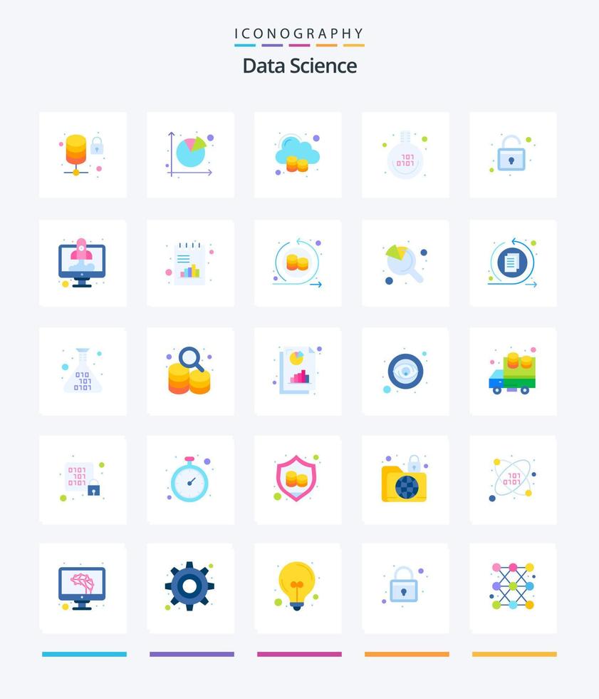 Creative Data Science 25 Flat icon pack  Such As binary code. experiment. pie chart. education. big data vector