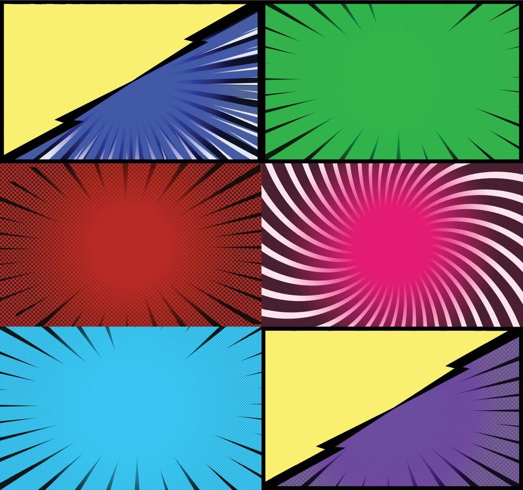 Comic book colorful frames background with halftone rays radial and dotted effects pop art style vector