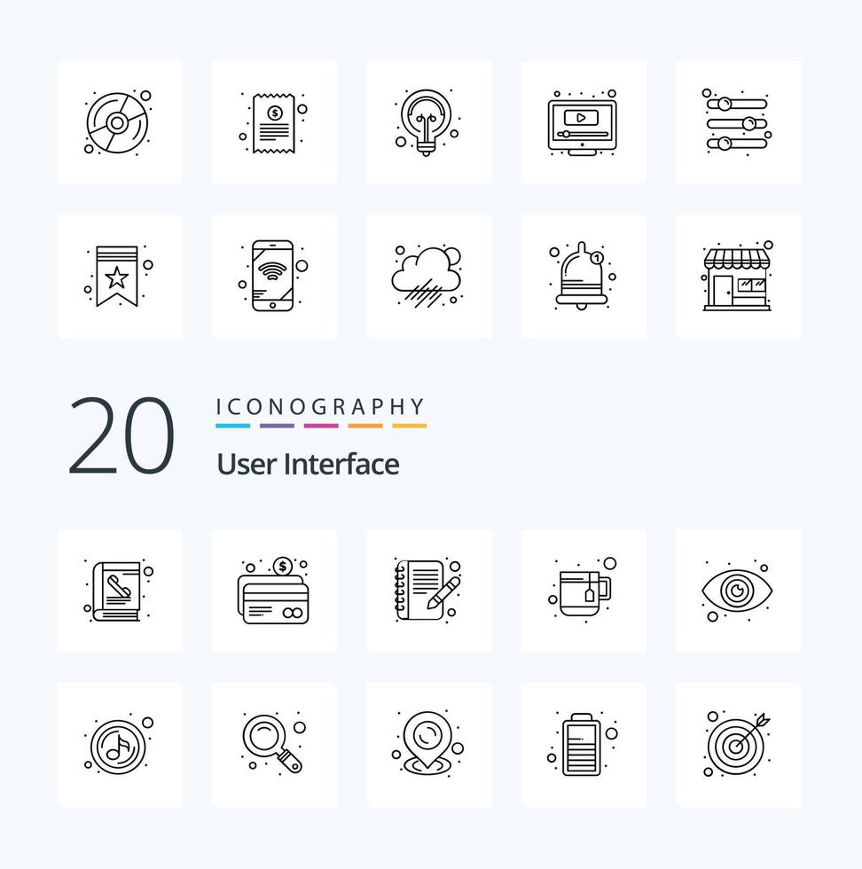 20 User Interface Line icon Pack like music eyeball book eye mug vector