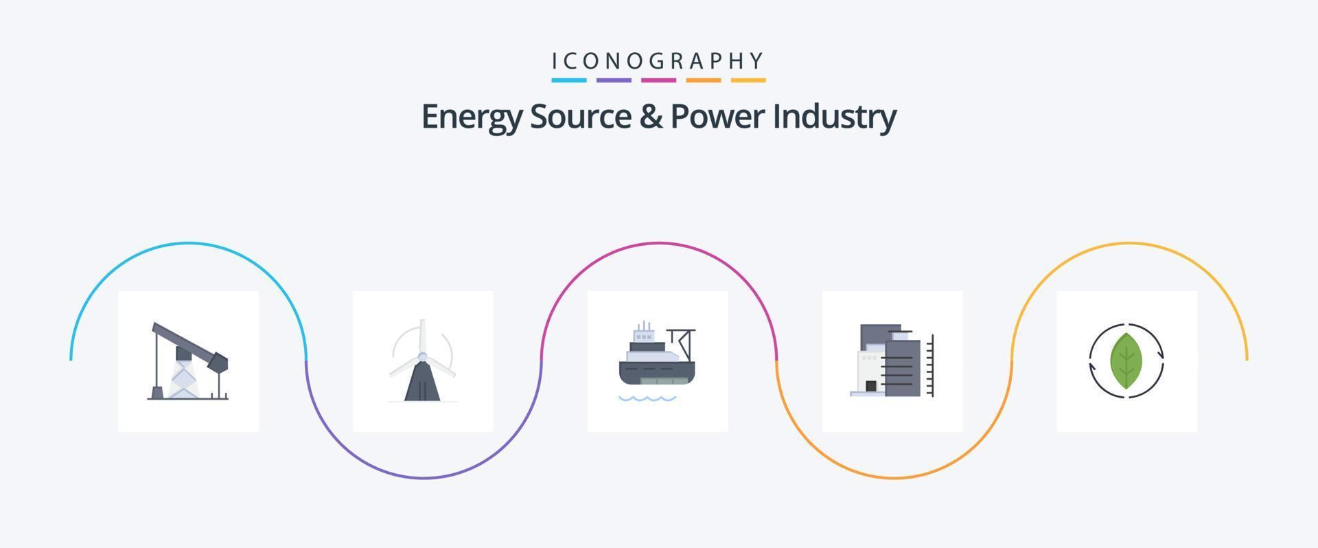 Energy Source And Power Industry Flat 5 Icon Pack Including green. industry. ship. factory. building vector