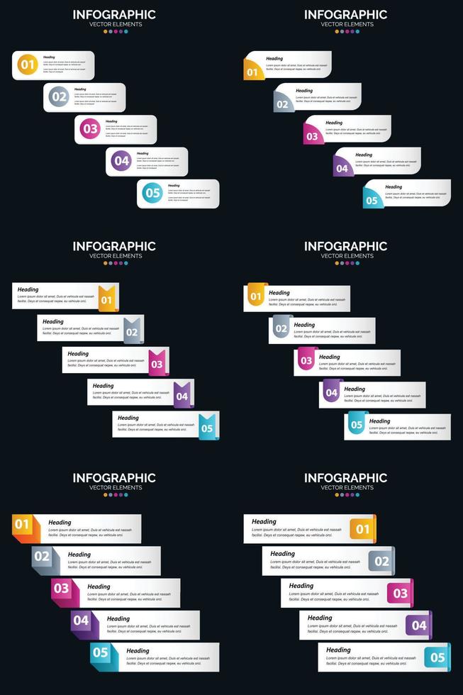 plantilla de diapositiva de presentación del paquete de infografías vectoriales 6 diagramas de ciclo de 5 pasos y líneas de tiempo vector