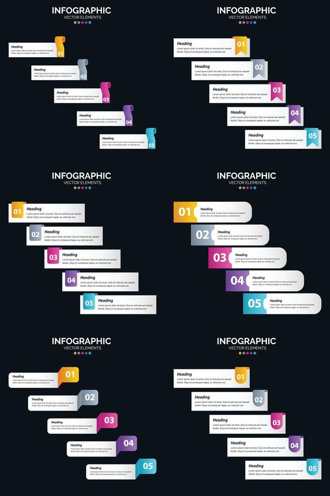 plantilla de diapositiva de presentación del paquete de infografías vectoriales 6 diagramas de ciclo de 5 pasos y líneas de tiempo vector