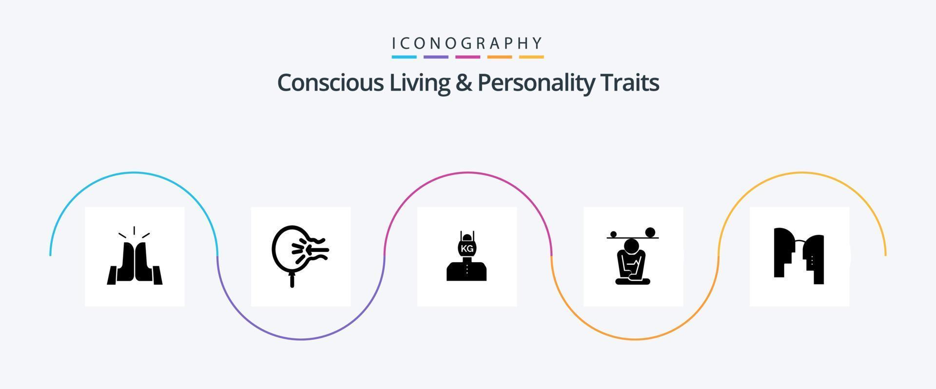 vida consciente y rasgos de personalidad glifo 5 paquete de iconos que incluye la mente. concentración. estrés. balance. estrés vector