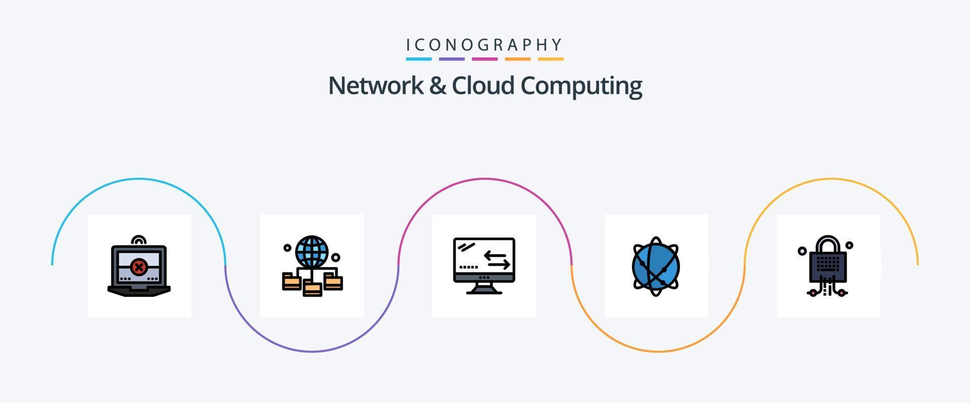 Network And Cloud Computing Line Filled Flat 5 Icon Pack Including server. lock. connection. world. globe vector