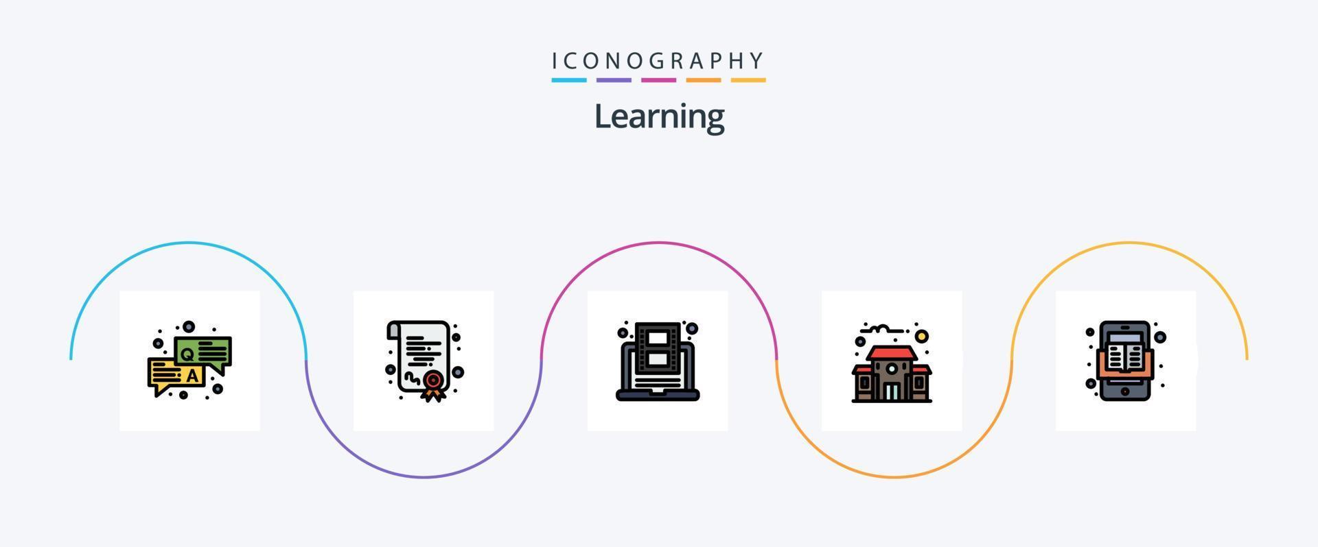 paquete de iconos de 5 planos llenos de línea de aprendizaje, incluido en línea. libro. aprendiendo. escuela. edificio vector